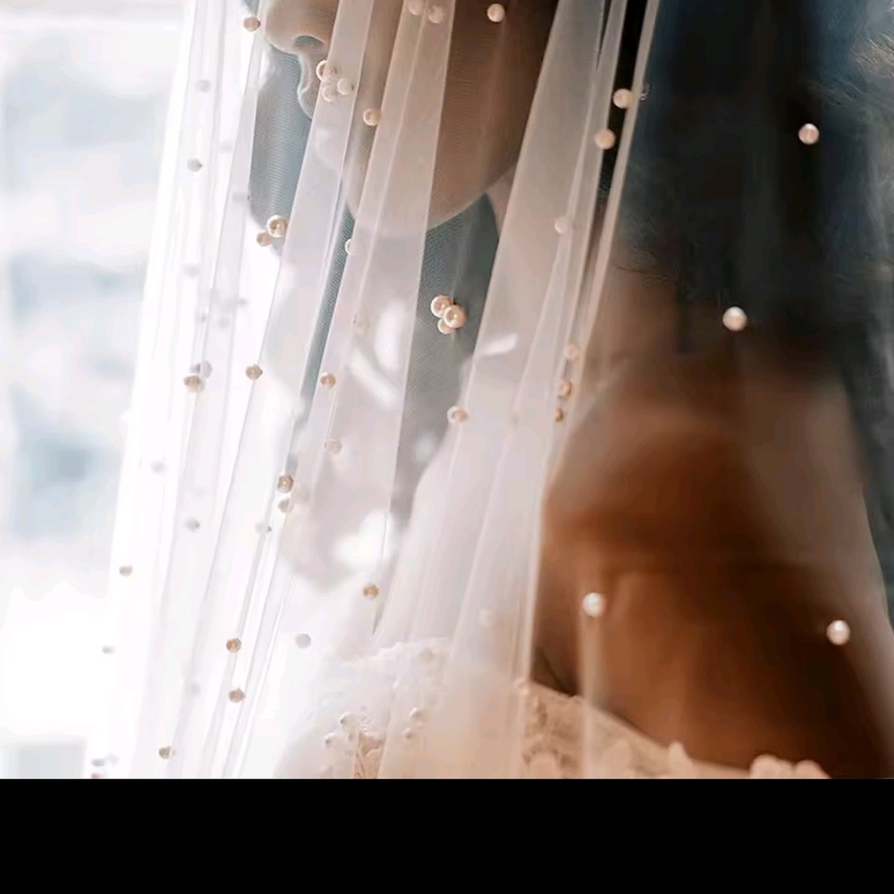 White Beaded Embellished Bridal Veil Waist Length
